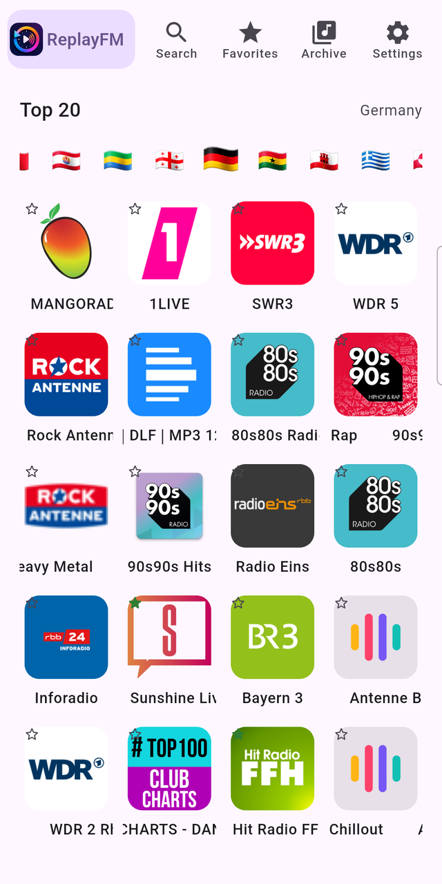 ReplayFM Home with Top 20 and country selection